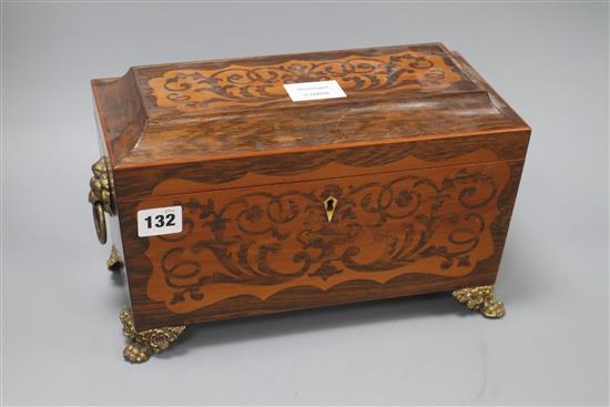 A Regency rosewood and satinwood inlaid tea caddy height 19cm length 31cm